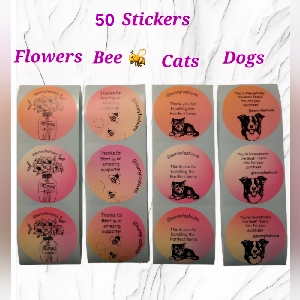 Thank You Custom Closet 2" Stickers Floral, Bee, Cat & Dog 50pcs